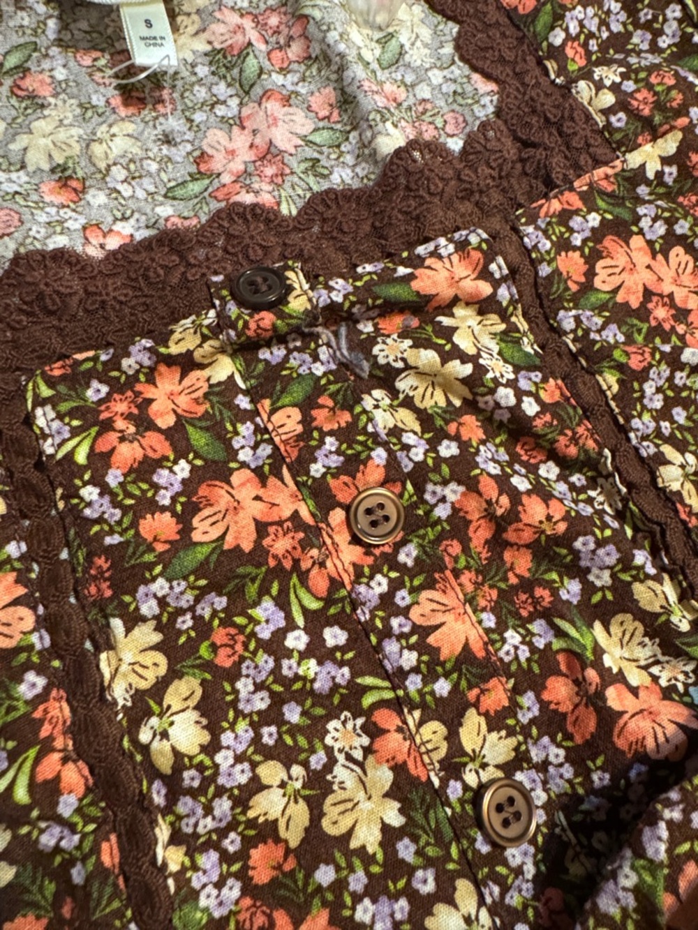 Floral Lace-Trim Long Sleeve Top - Brown Floral - Picture 8 of 9